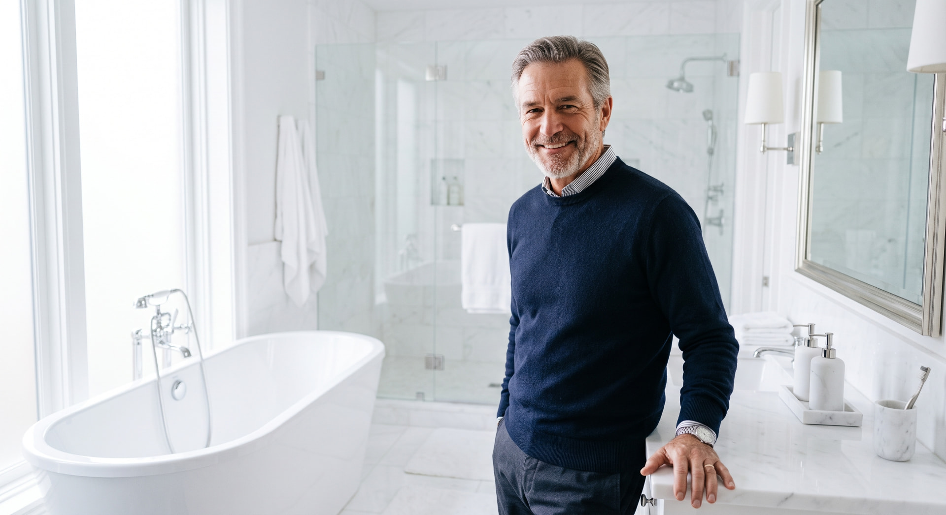 A man in a navy sweater standing confidently in a bright modern bathroom